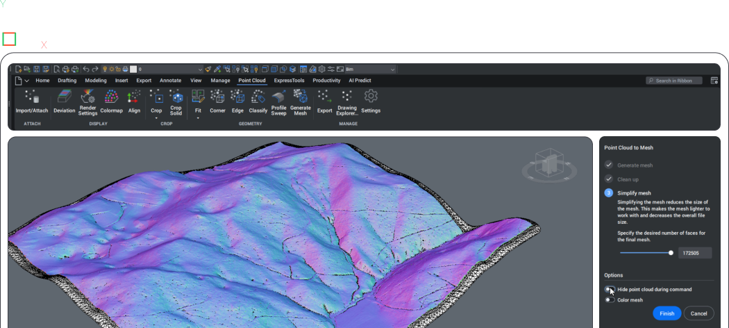 Land surveying tools BricsCAD BIM interface showing a 3D urban site model with buildings and trees, alongside a 2D landscape layout view.