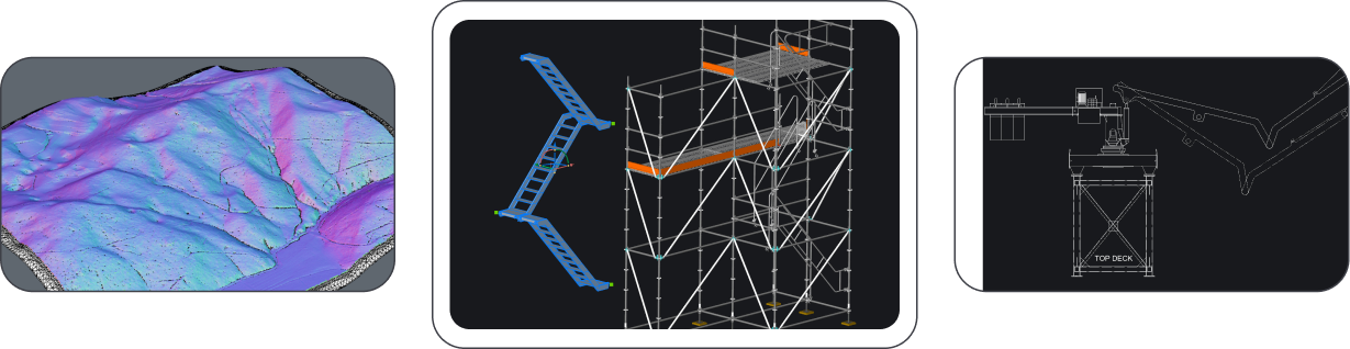 Three BricsCAD views: a mechanical part, an isometric industrial structure, and a blue-toned floor plan layout.