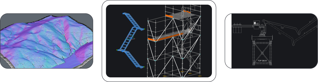 Why BricsCAD - Banner images Three BricsCAD views: a mechanical part, an isometric industrial structure, and a blue-toned floor plan layout.