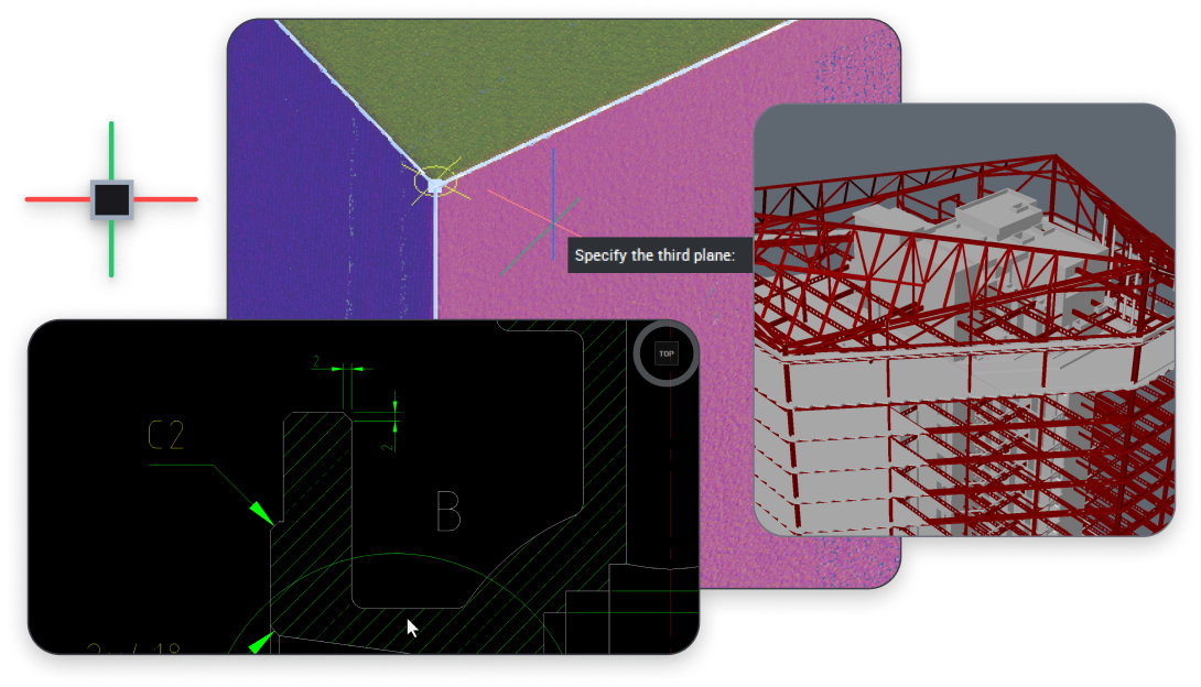 BricsCAD Ultimate - Octave Visual BricsCAD interface showing a scaffolding 3D model, a submarine flatshot drawing, and a mechanical pipe joint detail.