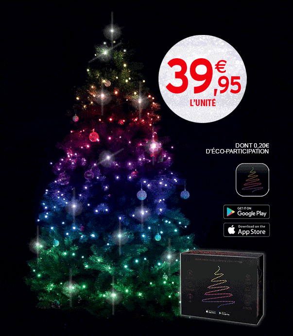Guirlande lumineuse pour sapin Noël connectée Android et Iphone h560cm 560  LED ambré câble noir IP44 24V Konstsmide