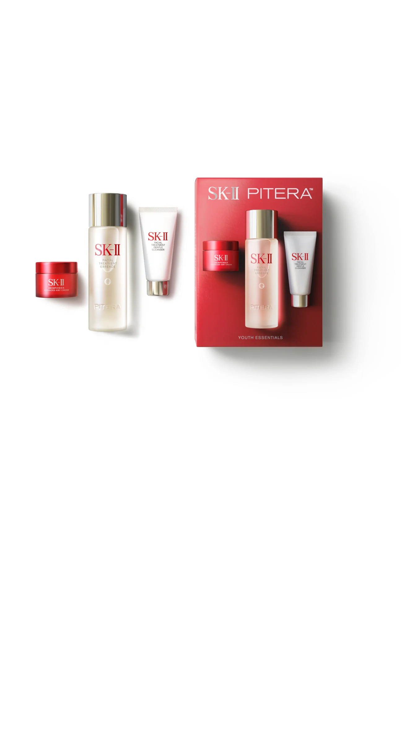 Bộ sản phẩm chống lão hóa SK-II PITERA™ Youth Essentials gồm 3 bước đơn giản, giúp bạn sở hữu làn da sáng mịn, rạng rỡ như pha lê.