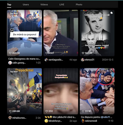 Screenshot of TikTok posts when searching for the phrase "Călin Georgescu, president" (word combination suggested by TikTok when typing the name of the former presidential candidate).
