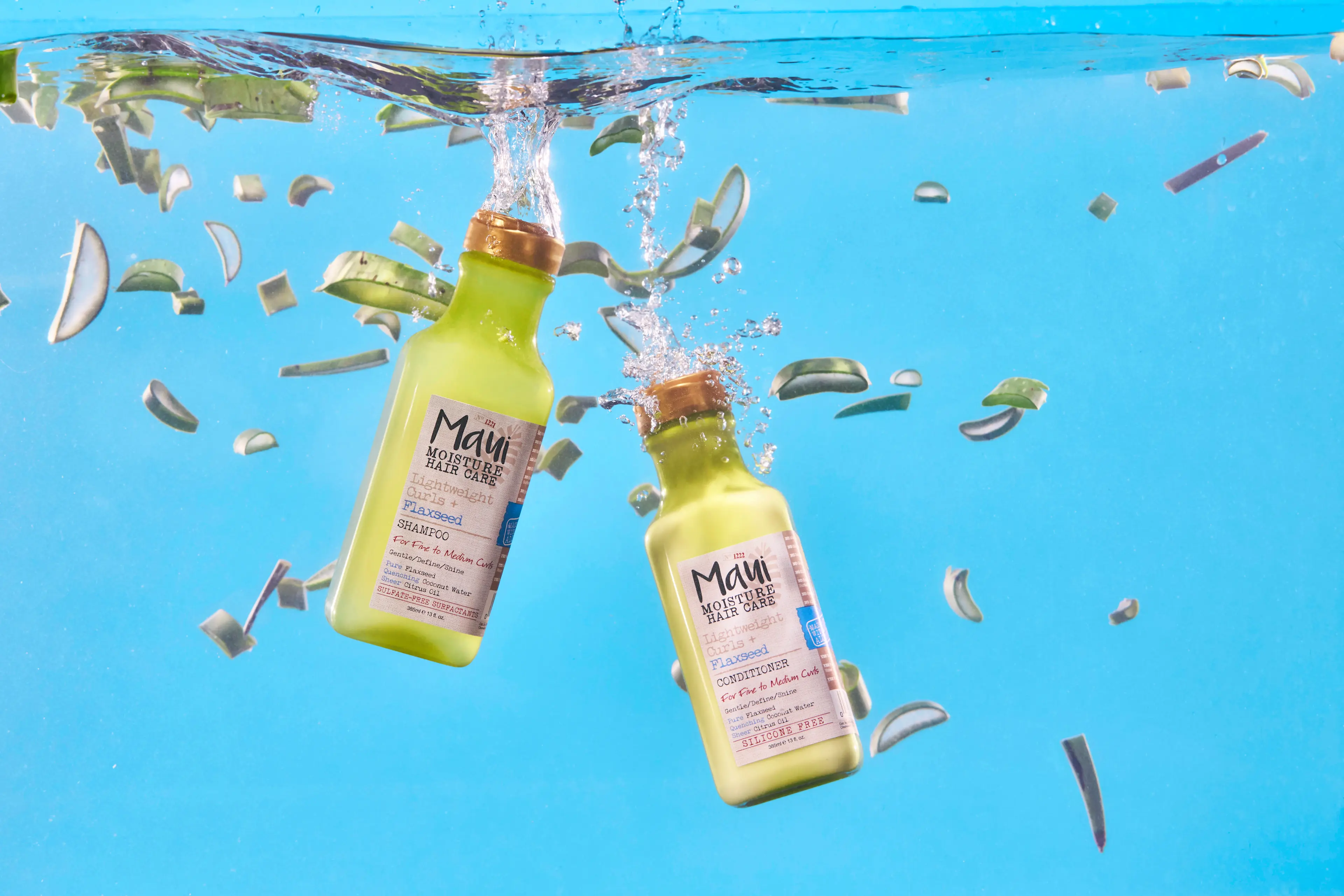Gentle & Lightweight Flaxseed Shampoo and Conditioner in water