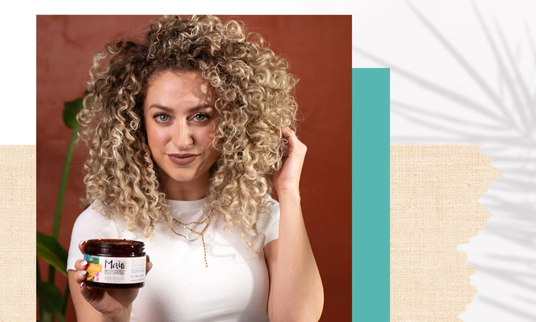 Curly Hair Talent Touching Hair with Maui Moisture Product