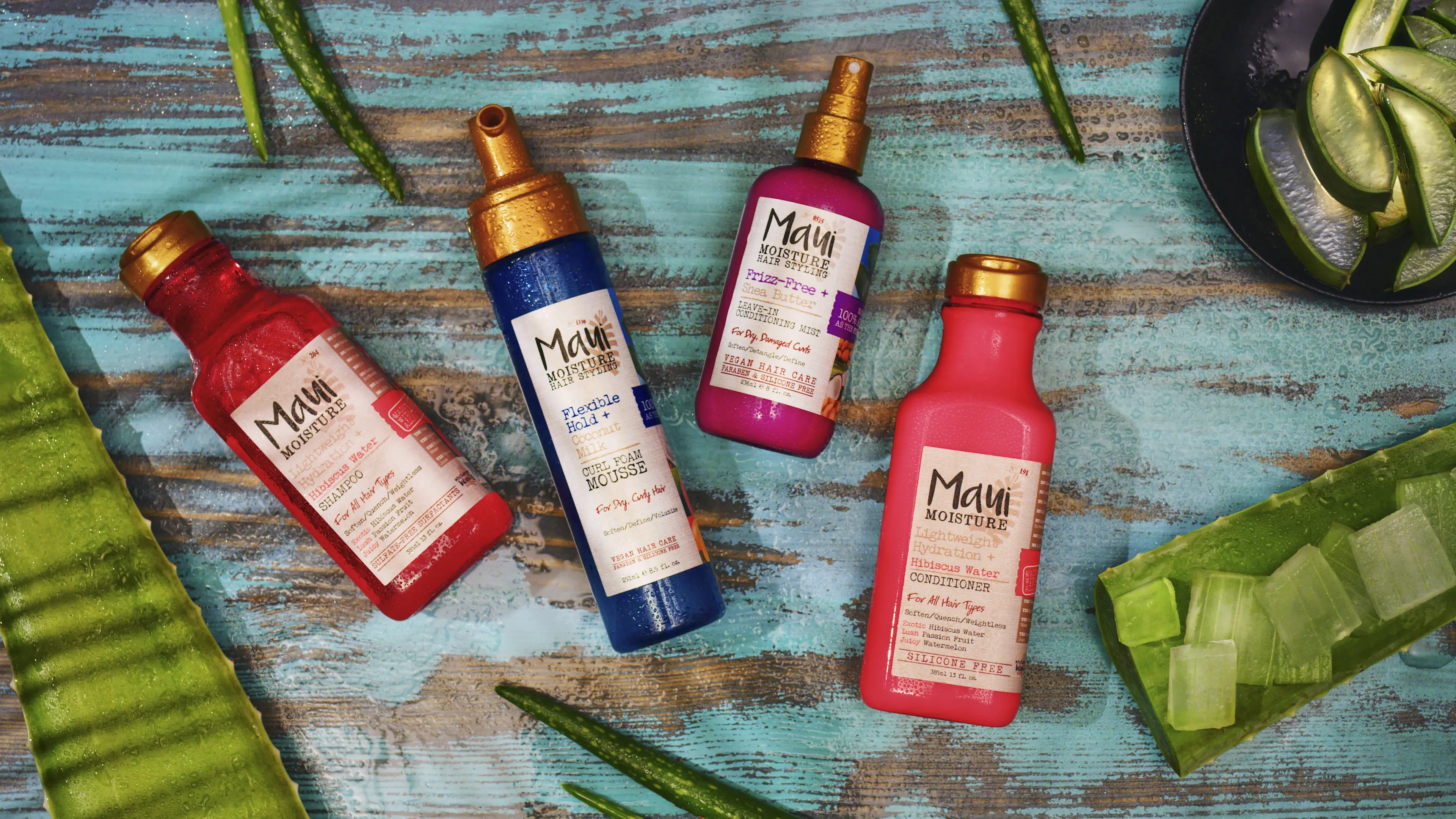 Maui Moisture mixed products shot with aloe vera
