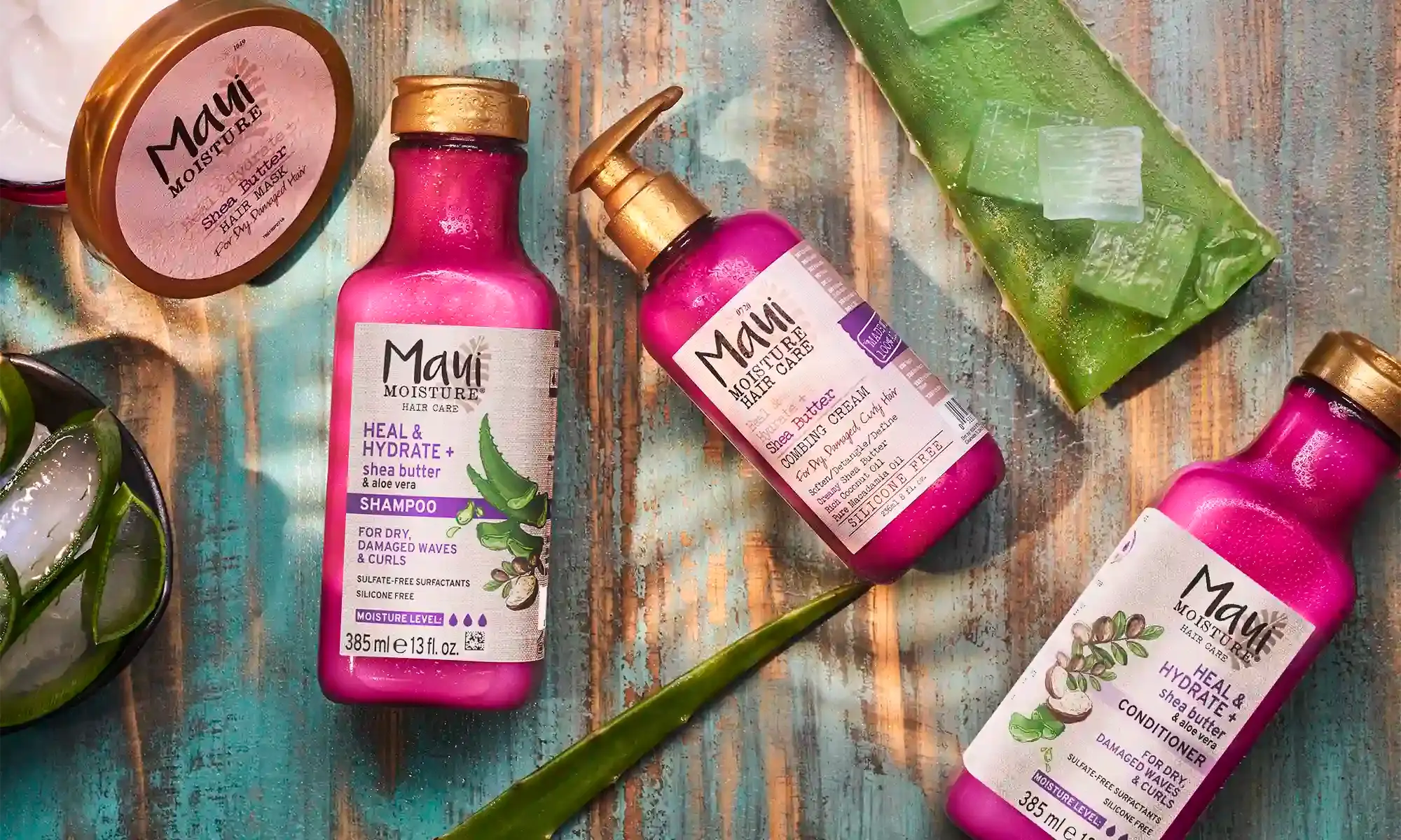  Maui Moisture® Heal & Hydrate + Shea Butter product line and the key ingredients aloe and shea butter