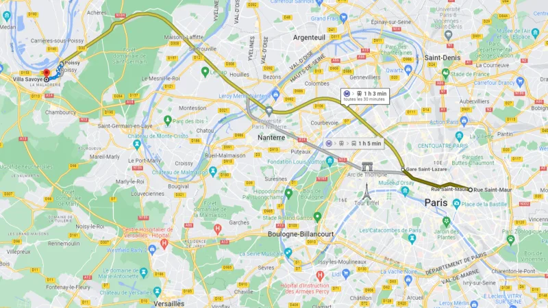 Google Maps of the itinerary to Poissy