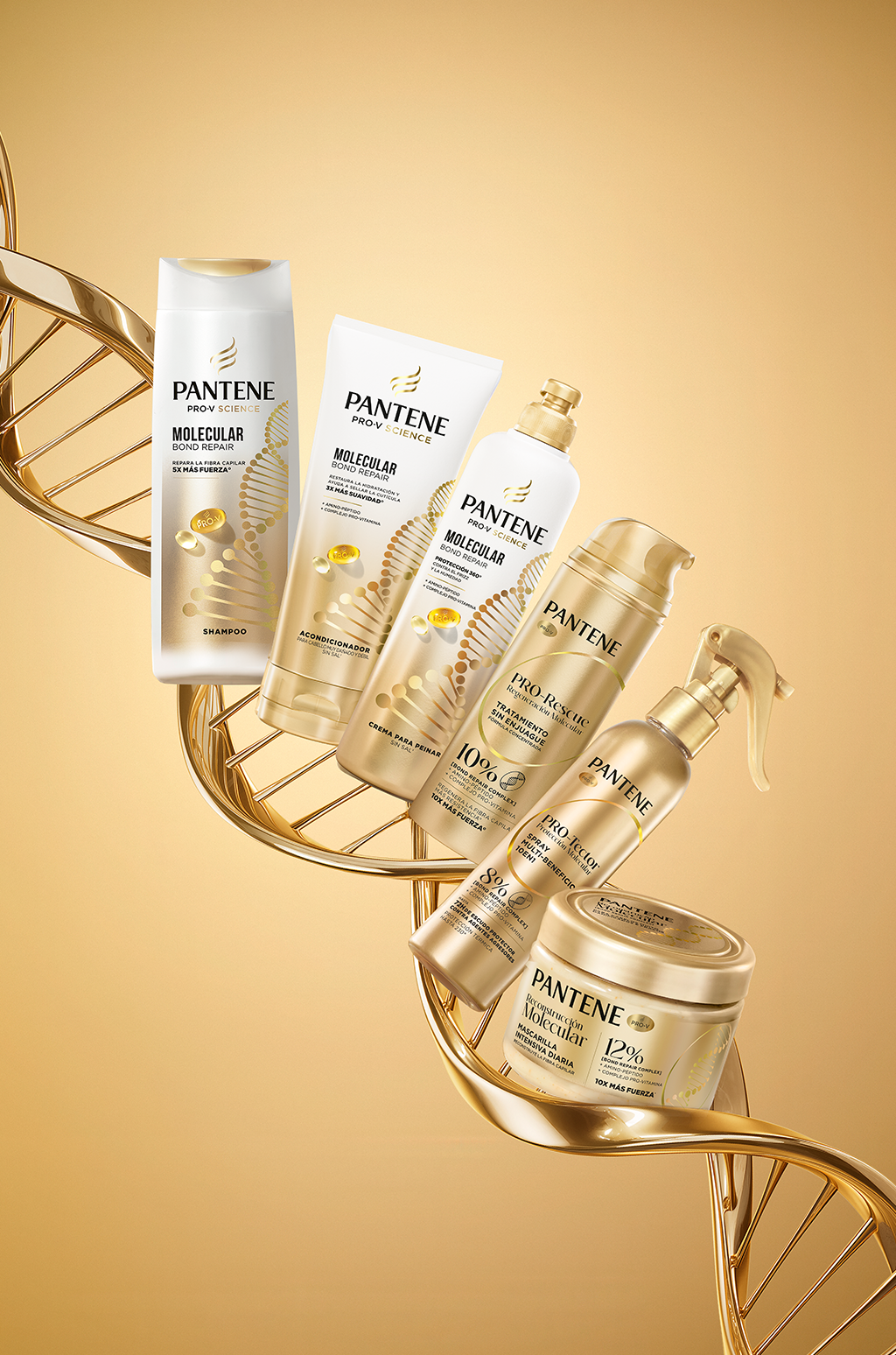 Línea Pantene Molecular Bond Repair con shampoo, acondicionador, mascarilla y spray, indicada para cabello dañado y débil.