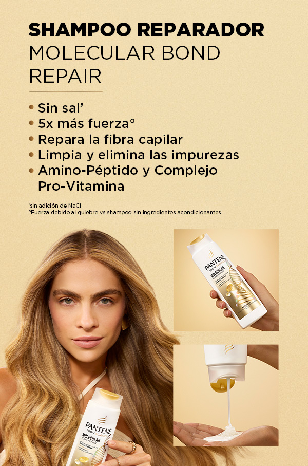 Shampoo Pantene Molecular Bond Repair con beneficios de fuerza y limpieza, e imágenes del producto aplicado en la mano.