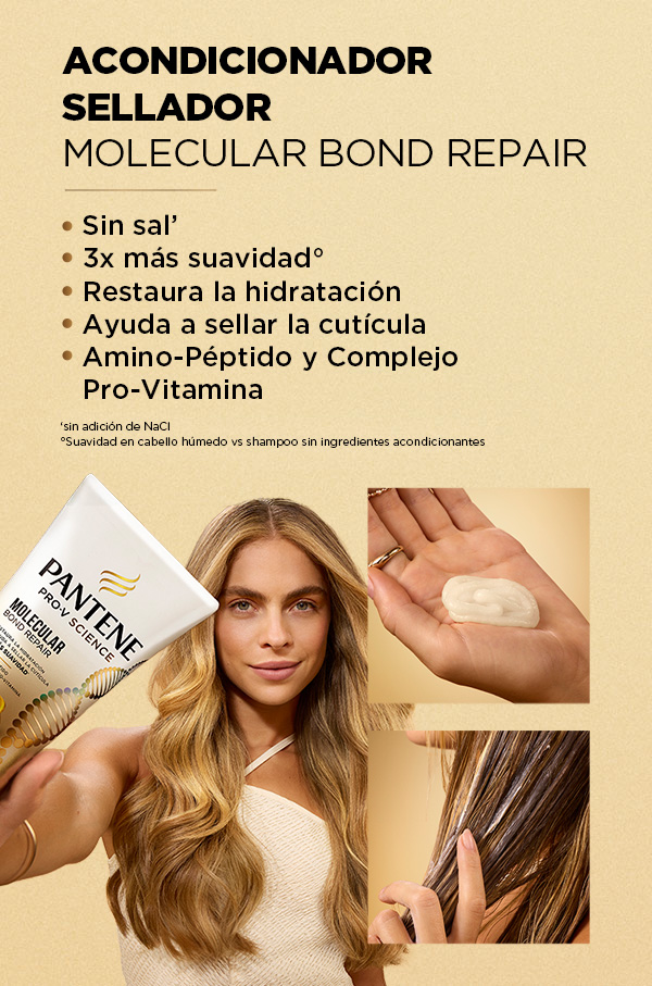 Aconcicionador Pantene Molecular Bond Repair con beneficios de suavidad e hidratación, e imágenes del producto aplicado en la mano.