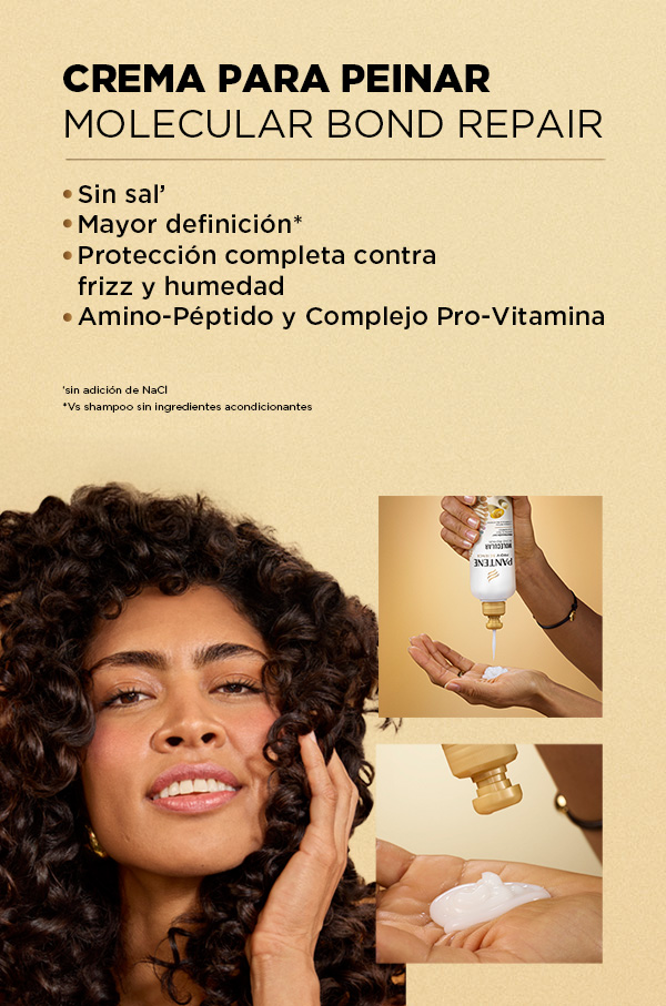 Crema para peinar Pantene Molecular Bond Repair con beneficios de protección contra frizz y humedad, e imágenes del producto aplicado en la mano.