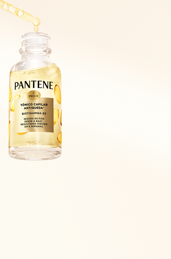 Tônico capilar Pantene com Biotinamina B3 clinicamente comprovado. Avaliação com 5 estrelas elogia sua leveza e frescor. 