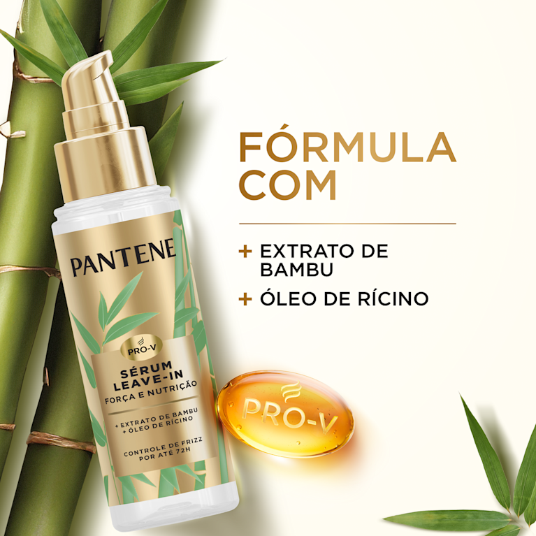 Sérum leave-in Pantene Pro-V com extrato de bambu e óleo de rícino para nutrição e controle do frizz.