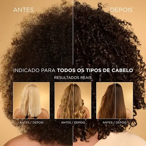 Imagem de cabelo antes e depois de uso com resultados reais. Indicado para todos os tipos de cabelo