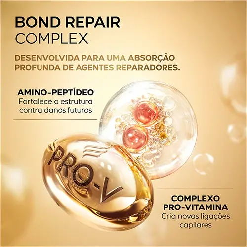 BOND REPAIR COMPLEX DESENVOLVDIA PARA UMA ABSORCAO PROFUNDA DE AGENTES REPARADORES. AMINO-PEPTIDEO Fortalece a estrutura contra danos futuros COMPLEXO PRO-VITAMINA Cria novas liacoes capilares