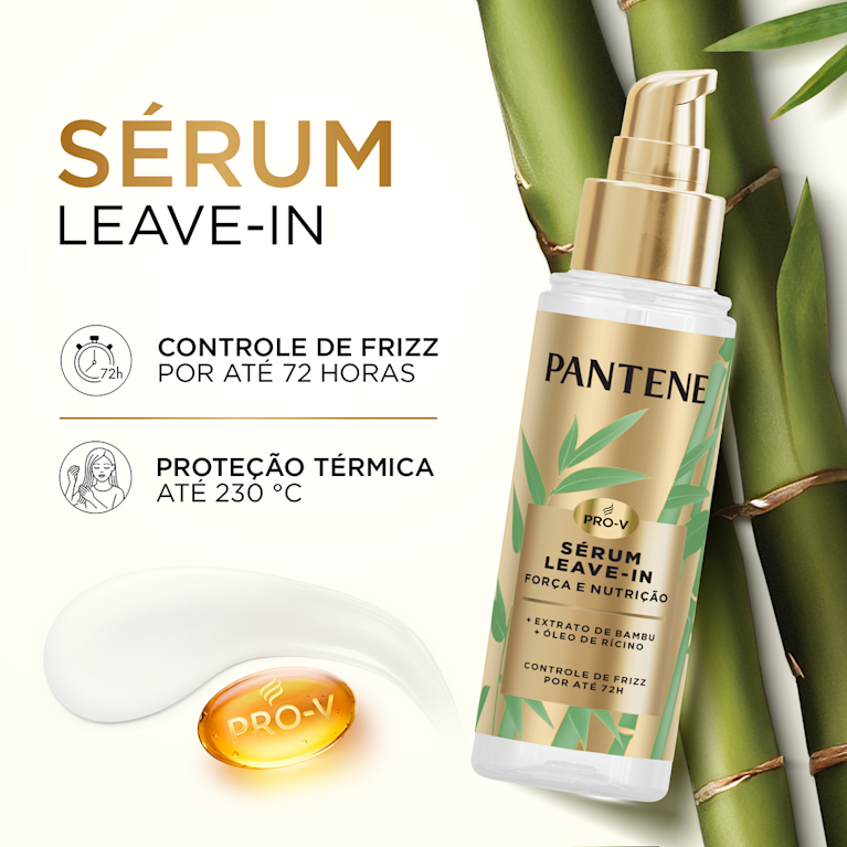 Sérum leave-in Pantene Pro-V com bambu: controla o frizz por até 72h e protege do calor até 230°C.