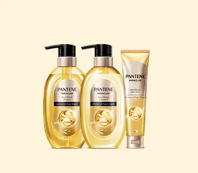 パンテーンミラクルズ モイスチャー＆パワーリペアシリーズのシャンプー、トリートメント、ヘアマスクの鮮やかな黄色のポンプボトルとチューブ