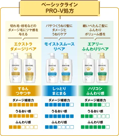 パンテーンベーシックラインの3種のシャンプー&コンディショナー紹介マップ