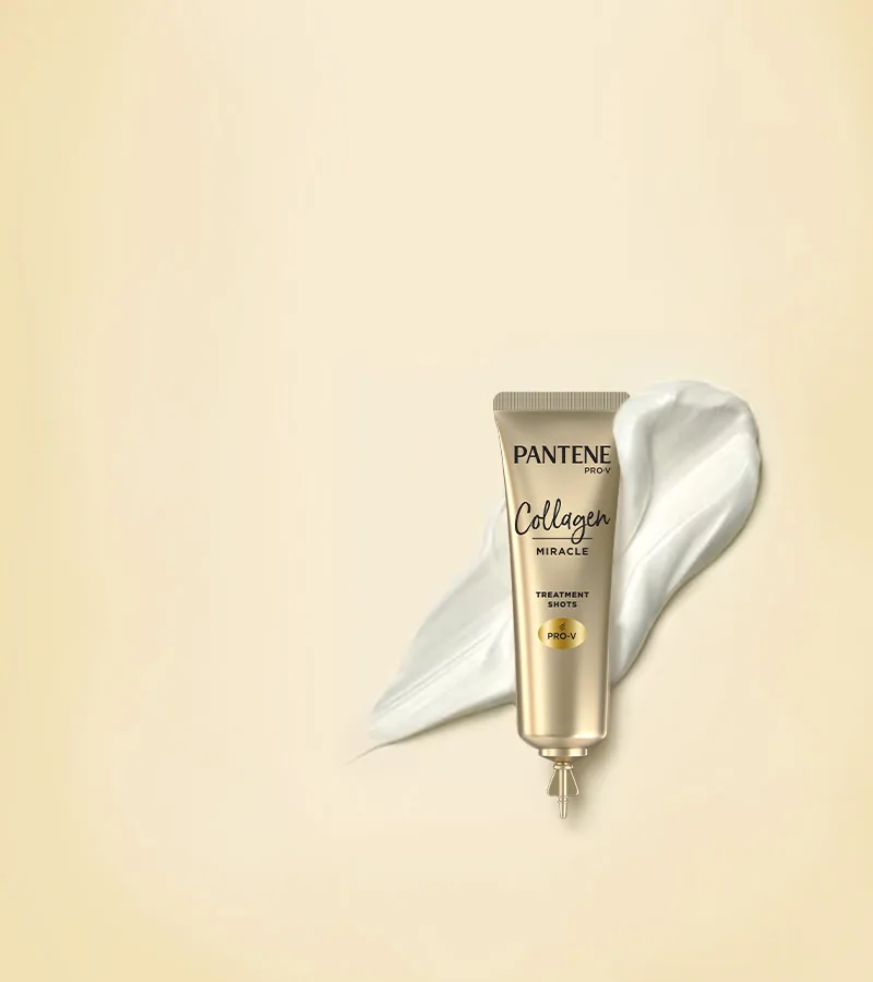 A packshot od Collagen Mircle Treatment Shots lays in a white creamy texture