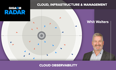 # GigaOm Radar Report: Cloud Observability

This image is a promotional graphic for a **GigaOm Radar** report focused on **Cloud Observability** within the **Cloud, Infrastructure & Management** category.

## Key Elements:

- **GigaOm Radar Logo**: Displayed in the upper left corner with the distinctive blue and white branding on a black background

- **Radar Visualization**: The central portion shows a typical GigaOm Radar chart with concentric circles and colored arrows/markers (in orange and blue) indicating the positions of various vendors in the cloud observability market space

- **Author**: **Whit Walters** is credited as the analyst, with his professional headshot shown on the right side of the image. He appears to be a middle-aged man with gray hair and a beard, wearing business attire

- **Topic**: **Cloud Observability** - a market segment dealing with monitoring, logging, tracing, and gaining insights into cloud-based systems and applications

The radar chart format is GigaOm's signature methodology for evaluating and comparing technology vendors, with proximity to the center typically indicating market leadership and feature maturity.