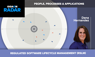 The image is titled "GIGAOM RADAR" and focuses on "REGULATED SOFTWARE LIFECYCLE MANAGEMENT (RSLM)". It shows a radar chart with various blue triangular markers pointing inward, likely representing different processes or applications involved in RSLM, under the heading "PEOPLE, PROCESSES & APPLICATIONS".

On the right side is a headshot photo of a smiling woman with brown hair, identified as "Dana Hernandez". She appears to be associated with or an expert on the topic of Regulated Software Lifecycle Management being presented.

The radar chart visual suggests RSLM involves managing and tracking multiple elements throughout the software development lifecycle in a regulated manner. The image aims to provide an overview of the key components and considerations involved in implementing RSLM practices, with the human element represented by the expert contributor featured.