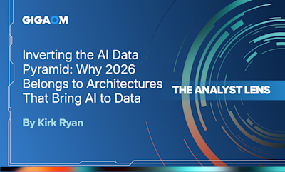 ## Image Caption

This is a promotional title slide from **GigaOm**, a technology research and analysis firm. The slide features the headline:

**"Inverting the AI Data Pyramid: Why 2026 Belongs to Architectures That Bring AI to Data"**

The piece is authored by **Kirk Ryan** and is part of **"The Analyst Lens"** series, which appears to be a thought leadership or editorial content series from GigaOm.

The design features a dark blue background with abstract geometric patterns, including circular tech-inspired line art on the right side in teal and orange gradients. A colorful gradient bar runs along the bottom edge, and the left side includes a subtle circuit board-style graphic element.

The content suggests an analysis piece discussing a paradigm shift in AI architecture—moving from traditional approaches where data is brought to AI systems, toward newer architectures where AI processing capabilities are brought closer to where data resides.