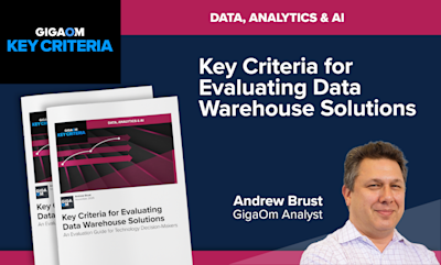 The image shows marketing materials for a report titled "Key Criteria for Evaluating Data Warehouse Solutions" by GigaOm, an analyst firm focusing on data, analytics and AI. The report cover features a graphic with pink lines connecting nodes, likely representing a data warehouse architecture or analytics workflow.

Next to the report is a headshot of a smiling man identified as Andrew Brust, a GigaOm Analyst. He appears to be the author or a key contributor to the report.

The background has a dark navy section on the left with the GigaOm logo and "KEY CRITERIA" text. The right side is a lighter blue section with the text "DATA, ANALYTICS & AI" at the top.

Overall, the image is promoting an analyst report that provides guidance to technology decision-makers on key considerations and criteria to use when evaluating different data warehouse solution options. The branding and imagery positions it as an authoritative resource from a reputable analyst firm.