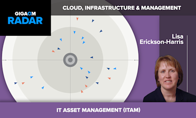 # GigaOm Radar Report: IT Asset Management (ITAM)

This image shows a promotional graphic for a GigaOm Radar report focusing on **IT Asset Management (ITAM)** within the **Cloud, Infrastructure & Management** category.

## Key Elements:

- **GigaOm Radar Logo**: Displayed in the upper left corner in black, white, and blue
- **Radar Visualization**: A circular radar chart in the center showing various data points (represented by small triangular markers in blue, dark blue, and orange) positioned across concentric rings, which typically indicate vendor positioning and maturity in GigaOm's methodology
- **Analyst**: **Lisa Erickson-Harris** is featured on the right side of the image, appearing to be the analyst or author of this particular radar report
- **Color Scheme**: Purple and gray tones dominate the design

The radar chart format is GigaOm's signature way of visually comparing and evaluating vendors in a particular technology market, with proximity to the center generally indicating stronger performance or market leadership.