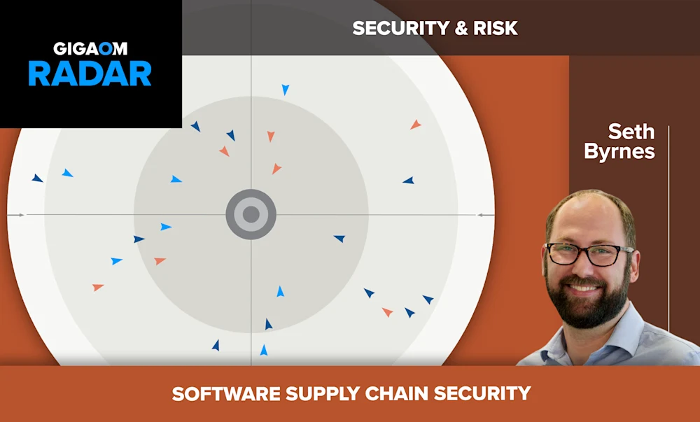The image appears to be a screenshot from a presentation slide or report about software supply chain security. It contains a radar chart depicting various security risks, with arrows pointing outward from the center, likely indicating the severity or likelihood of each risk. The slide is titled "SECURITY & RISK" in large text at the top.
In the bottom right corner is a headshot of a man with glasses and a beard, smiling at the camera. He is identified as "Seth Byrnes" in the text below his photo.
The overall visual style uses an orange and gray color scheme, giving it a serious and professional look befitting the cybersecurity topic. The "GIGAOM RADAR" logo in the top left suggests this may be from a report or analysis published by that organization.