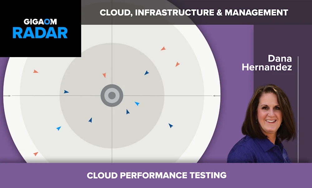 The image shows a radar chart with various triangular shapes pointing in different directions, representing cloud infrastructure and management topics. The title at the top reads "CLOUD, INFRASTRUCTURE & MANAGEMENT" and there is a "GIGAOM RADAR" logo in the upper left corner.

The image also features a smiling woman with shoulder-length dark hair wearing a blue shirt. Her name, Dana Hernandez, is displayed to the right of her photo under the "CLOUD PERFORMANCE TESTING" subtitle at the bottom of the image, suggesting she is an expert or presenter on that topic.

The radar chart's geometric shapes and arrangement convey a sense of analyzing different aspects or capabilities within the realm of cloud computing infrastructure and management. The visual aims to provide an overview or assessment of this technical field.