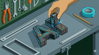 # Caption

This illustration depicts the concept of "Agentic AI" being constructed on a workbench. A human hand is placing a block labeled "AGENTIC" on top of large 3D letters spelling "AI," which are decorated with glowing circuit board patterns in cyan and orange, along with mechanical gears. The scene is set in a workshop environment, complete with tools hanging on a pegboard (pliers, wrenches, screwdrivers, ruler), blue tape, a pencil, a metal ruler, and a bench vise—symbolizing the careful, hands-on engineering and assembly process involved in building agentic AI systems. The imagery suggests that agentic AI is a modular component being deliberately integrated into artificial intelligence technology.