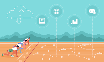 # Digital Transformation Race

This illustration depicts three runners in starting position on a track, poised at the beginning of a race. The runners are in lanes numbered 1-5, crouched in the classic sprinter's starting stance.

**Key Visual Elements:**

- **The Track**: An orange/terracotta colored running track with white lane markings that transform into circuit board patterns, symbolizing the merge of traditional business with digital technology

- **Technology Icons** floating above the track:
  - Cloud computing symbol with upload/download arrows
  - Laptop with WiFi signal
  - Globe/internet icon
  - Bar chart/analytics icon
  - Email/messaging envelope icon

- **Background**: A serene teal/turquoise sky with stylized mountain or hill silhouettes

**Conceptual Meaning:**

The image metaphorically represents the "race" toward digital transformation, showing how businesses or individuals compete to adopt and leverage various digital technologies including cloud services, connectivity, global reach, data analytics, and communication tools. The circuit board patterns on the track emphasize that the path forward is increasingly digital.