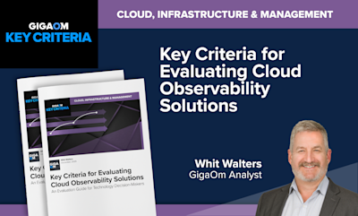 # Image Caption

This is a promotional graphic for a **GigaOm Key Criteria** report focused on **"Key Criteria for Evaluating Cloud Observability Solutions"** in the **Cloud, Infrastructure & Management** category.

## Visual Elements

**Left side:** Multiple overlapping report cover pages are displayed, showing the GigaOm branding with purple and dark blue design elements featuring arrow graphics. The report is dated **December 2025** and is subtitled "An Evaluation Guide for Technology Decision-Makers."

**Right side:** A professional headshot of **Whit Walters**, identified as a **GigaOm Analyst**, who authored the report. He appears to be a middle-aged man with gray hair and a beard, wearing a gray blazer over an open-collared shirt.

**Branding:** The GigaOm "Key Criteria" logo appears prominently in the upper left corner in blue and purple text against a black background.

**Color scheme:** The design uses a corporate palette of dark navy blue, purple, and white text throughout.

This appears to be marketing material designed to promote the analyst report for technology professionals evaluating cloud observability platforms.