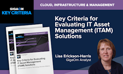 # Image Caption

This is a promotional graphic for a GigaOm research report titled **"Key Criteria for Evaluating IT Asset Management (ITAM) Solutions."**

## Key Elements:

- **Header Banner**: Purple/blue bar indicating the category "CLOUD, INFRASTRUCTURE & MANAGEMENT"

- **Branding**: GigaOm "KEY CRITERIA" logo prominently displayed in the upper left corner with distinctive blue circular design element

- **Report Preview**: Multiple overlapping pages/covers of the report are shown on the left side, featuring:
  - The GigaOm Key Criteria branding
  - A dark design with purple directional arrows
  - Subtitle: "An Evaluation Guide for Technology Decision-Makers"
  - Author credit showing "Lisa Erickson-Harris" and date "December 2025"

- **Author Photo**: Professional headshot of **Lisa Erickson-Harris**, identified as a **GigaOm Analyst**, positioned in the lower right corner

## Purpose:
This appears to be a title slide or promotional banner for a webinar, presentation, or marketing material promoting GigaOm's analyst research on IT Asset Management solutions evaluation criteria.