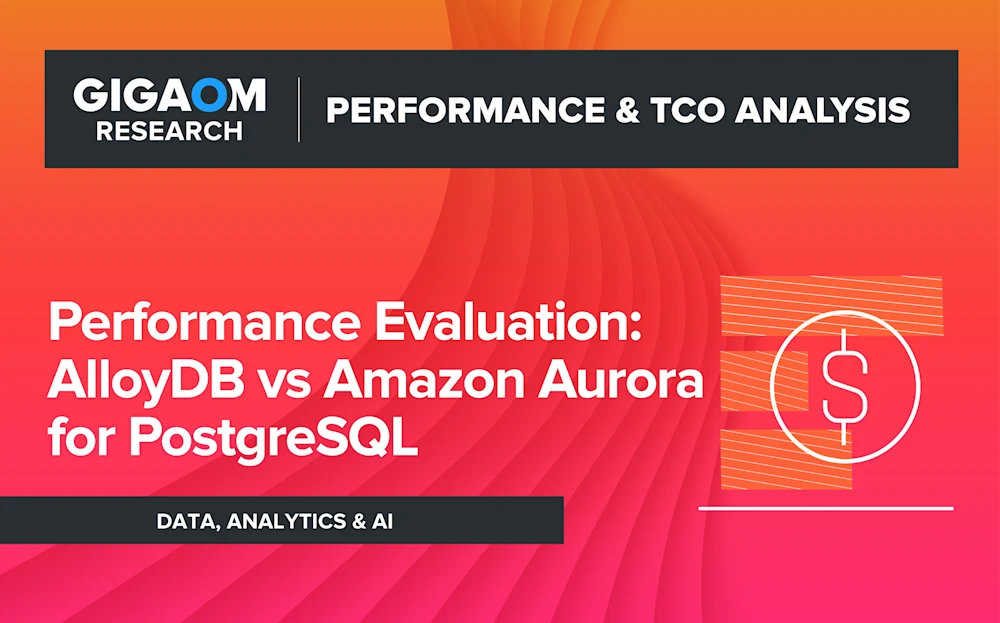 The image is a presentation slide from GigaOm Research comparing the performance of AlloyDB and Amazon Aurora for PostgreSQL databases.

The slide has an orange and red color scheme. The GigaOm Research logo is shown in the top left. The main title reads "PERFORMANCE & TCO ANALYSIS".

Below that, the key point of the slide is presented: "Performance Evaluation: AlloyDB vs Amazon Aurora for PostgreSQL". This suggests the analysis will focus on benchmarking these two PostgreSQL-compatible database offerings in terms of their performance.

On the right side is a simple illustration of a dollar sign inside a circle, likely representing the total cost of ownership (TCO) aspect that will also be evaluated.

At the very bottom, "DATA, ANALYTICS & AI" is listed, presumably categorizing the research area or team behind this analysis at GigaOm.

Overall, the slide introduces a comparative evaluation report on the performance and cost of AlloyDB, likely a Google Cloud database service, versus Amazon's Aurora PostgreSQL offering. The visual style follows typical corporate presentation templates.