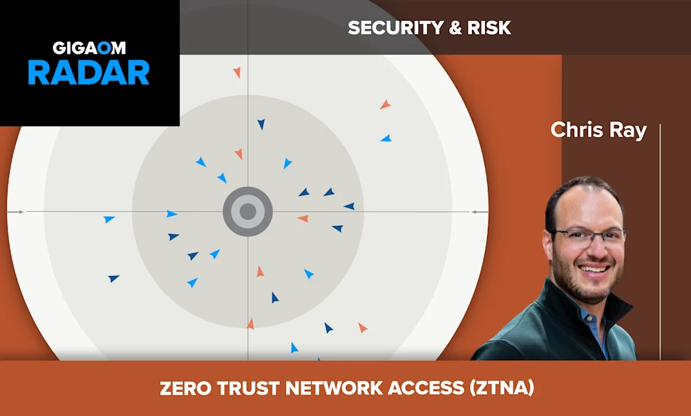 The image is a slide from a presentation about security and risk, specifically focusing on Zero Trust Network Access (ZTNA). The slide features a bullseye diagram with arrows pointing towards the center, representing different security vectors or attack paths converging on a central target. The name "Chris Ray" is shown, indicating he is likely the presenter or an expert on the topic. The image conveys the concept of securing networks and systems against various threats using a zero trust approach.