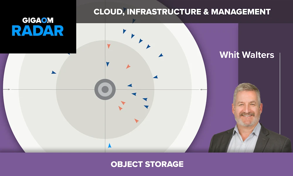 The image is a slide from a presentation about cloud infrastructure and management, specifically focusing on object storage. The slide has a purple and gray color scheme.

On the left side is a radar chart showing various metrics or capabilities related to object storage solutions. The exact metrics are not clearly labeled, but there are multiple colored triangles pointing in different directions, suggesting a comparison of different aspects of object storage offerings.

On the right side is a headshot photo of a smiling middle-aged man with gray hair and a beard, wearing a collared shirt. The name below his photo identifies him as Whit Walters, likely the presenter or an expert on the topic being discussed.

The top left corner has the GigaOm logo and "RADAR" branding, indicating this slide is part of GigaOm's research coverage and comparative vendor assessments related to cloud infrastructure and management.