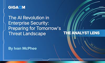 # Image Caption

This is a professional title slide from a GigaOm research publication or presentation. The slide features a modern, technology-themed design with a deep blue gradient background and abstract circular digital patterns on the right side in teal and coral tones.

**Key Elements:**

- **Company Logo:** "GIGAOM" appears in white text in the upper left corner
- **Main Title:** "The AI Revolution in Enterprise Security: Preparing for Tomorrow's Threat Landscape"
- **Series Label:** "THE ANALYST LENS" displayed in a teal/turquoise banner on the right side
- **Author:** "By Ivan McPhee" credited at the bottom left
- **Design Elements:** Geometric circuit-like line patterns in the corners and concentric circular graphics suggesting technology, connectivity, and digital security themes

This appears to be an industry analyst report examining how artificial intelligence is transforming cybersecurity strategies and how organizations should prepare for evolving security threats.