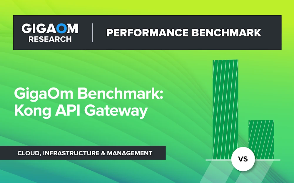 The image is a performance benchmark comparing GigaOm's Kong API Gateway to an unspecified competitor. The title reads "GigaOm Benchmark: Kong API Gateway" on a green background with abstract line graphics on the right side.
The benchmark is conducted by GigaOm Research, a technology research and analysis firm, in the category of Cloud, Infrastructure & Management. The Kong API Gateway appears to significantly outperform the competitor solution visually represented by the much taller green bar on the left compared to the shorter bar on the right.
The overall slide has a professional marketing design with the GigaOm Research logo and "Performance Benchmark" title prominently displayed on a dark background at the top. No additional context is provided on the specific performance metrics or test methodology used in the benchmark comparison.