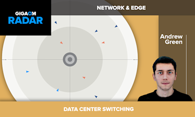 # GigaOm Radar Report: Data Center Switching

This image is a cover graphic for a **GigaOm Radar** analyst report focused on **Data Center Switching** within the **Network & Edge** technology category.

## Key Elements:

- **Publisher Branding**: The GigaOm Radar logo appears in the upper left corner with distinctive blue and white text on a black background

- **Radar Visualization**: The central graphic shows a radar-style circular diagram with concentric rings, featuring multiple triangular markers (in blue and orange/red) positioned at various distances from the center, representing different vendors or solutions evaluated in the report

- **Report Author**: **Andrew Green** is identified as the analyst, with his professional headshot displayed on the right side of the image

- **Category**: "NETWORK & EDGE" appears at the top, indicating the technology sector

- **Topic**: "DATA CENTER SWITCHING" is prominently displayed at the bottom in a golden/yellow banner

The radar chart format is GigaOm's signature visualization method for comparing technology vendors based on their market position and capabilities, with proximity to the center typically indicating stronger performance or market leadership.
