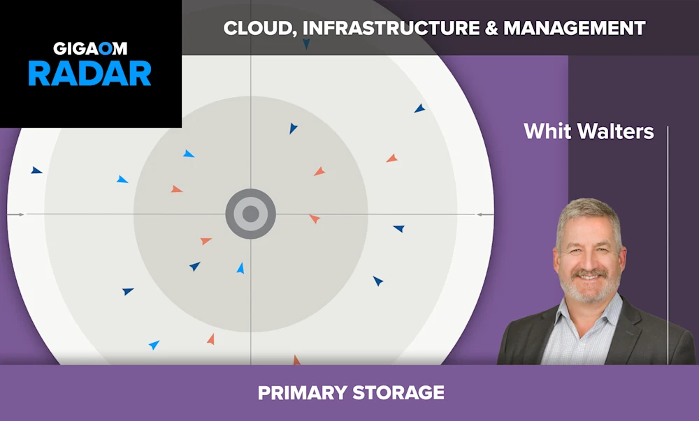 The image appears to be a slide from a presentation about cloud infrastructure and management, specifically focused on primary storage. The slide has a dark purple background with geometric shapes and triangles in shades of gray, red, and blue.

In the center is a radar chart illustrating various aspects of primary storage, with data points scattered around the circular grid.

On the right side is a headshot photo of a smiling man with short gray hair and a beard, wearing a gray suit jacket over a light colored collared shirt. The text below his photo identifies him as "Whit Walters".

The top left corner features the GigaOm Radar logo in white and blue text. The bottom of the slide reads "PRIMARY STORAGE" in white all-caps text on the purple background.

Overall, the slide conveys a professional and modern visual style while presenting information about evaluating primary storage solutions as part of cloud infrastructure management. The featured analyst photo adds a personal touch and establishes expertise on the topic.