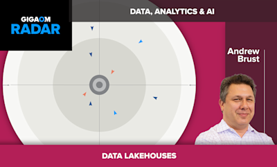 # GigaOm Radar Report: Data Lakehouses

This image is a promotional graphic for a GigaOm Radar report focused on **Data Lakehouses** within the **Data, Analytics & AI** category.

## Key Elements:

- **GigaOm Radar Logo**: Displayed prominently in the upper left corner with the distinctive black and blue branding

- **Radar Visualization**: The central portion shows a circular radar-style diagram with concentric rings (typical of GigaOm's evaluation methodology), featuring various small triangular markers in blue and orange/red colors positioned at different distances from the center, representing different vendors' positions in the market

- **Author**: **Andrew Brust** is credited as the analyst, with his professional headshot shown on the right side of the image. He appears to be a middle-aged man with gray-streaked dark hair wearing a light purple/lavender collared shirt

- **Topic**: **DATA LAKEHOUSES** is displayed in bold white text at the bottom, indicating this report evaluates vendors in the data lakehouse market segment

The burgundy/magenta color scheme is consistent with GigaOm's brand identity for their research publications.