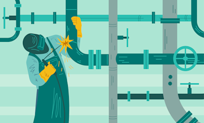 # Industrial Welder at Work

This stylized illustration depicts a **welder performing pipe maintenance** in an industrial setting. The worker, shown in profile, wears proper safety equipment including:

- A dark welding helmet/mask
- Protective coveralls in teal/green
- Yellow safety gloves

The welder is using a welding torch on a curved pipe section, with **bright orange/yellow sparks** emanating from the weld point. The background features a complex network of **industrial piping** in various shades of teal and gray, including:

- Horizontal and vertical pipes of different diameters
- Pipe flanges and connectors
- A large valve wheel (gate valve)
- Various pipe fittings and joints

The illustration uses a **monochromatic teal/mint color palette** with yellow accents for the gloves and welding sparks, giving it a clean, modern graphic design aesthetic typical of editorial or corporate communications about industrial work, skilled trades, or infrastructure maintenance.