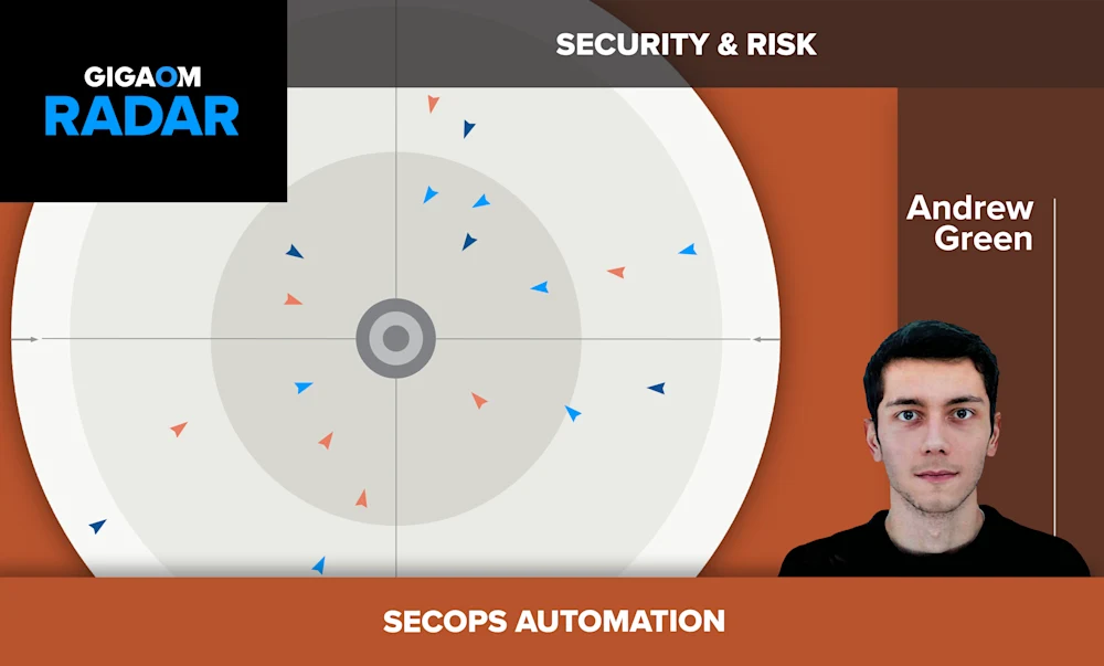 The image shows a section from a "GIGAOM RADAR" report focused on security and risk. It depicts a radar chart with various colored triangular markers, likely indicating the assessed risk levels for different security aspects or technologies.
Below the radar chart is a section titled "SECOPS AUTOMATION" with a headshot photo of a young man with short dark hair named Andrew Green. The orange and black color scheme suggests this is part of a professional technology research report or analysis.