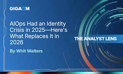 # Image Caption

This is a promotional graphic/title card from **GigaOm**, a technology research and analysis company.

## Content Details

**Headline:** "AIOps Had an Identity Crisis in 2025—Here's What Replaces It in 2026"

**Author:** Whit Walters

**Series:** The Analyst Lens

## Visual Design

The image features a modern, tech-forward design with:
- A deep blue gradient background
- Geometric circuit-like patterns in the corners
- Concentric circular/spiral design elements on the right side in teal, gray, and coral/orange tones
- Clean, sans-serif typography in white and light gray
- The GigaOm logo prominently displayed in the upper left corner

This appears to be a cover image or banner for an analytical article or report discussing the evolution of AIOps (Artificial Intelligence for IT Operations) technology and its projected transformation heading into 2026.