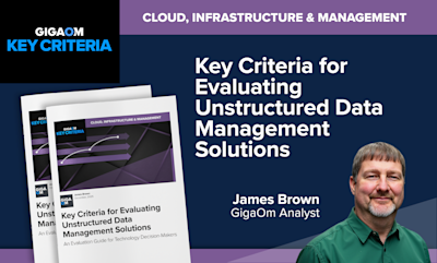 # Image Description

This is a promotional graphic for a GigaOm research report titled **"Key Criteria for Evaluating Unstructured Data Management Solutions"**.

## Layout Elements:

**Header Section:**
- Purple banner at top reading "CLOUD, INFRASTRUCTURE & MANAGEMENT"
- GigaOm "KEY CRITERIA" logo in white and blue text on black background (upper left)

**Main Content:**
- The report title is displayed prominently in large white text on a dark navy blue background
- Subtitle indicates it's "An Evaluation Guide for Technology Decision-Makers"

**Visual Elements:**
- Two overlapping report cover mockups shown on the left side, featuring the same title and a graphic with purple arrows pointing in different directions
- The report is dated December 2025

**Author Information:**
- **James Brown** is identified as the GigaOm Analyst
- His headshot appears in the lower right corner, showing a middle-aged man with gray hair and a beard, wearing a dark green button-up shirt

The overall design uses GigaOm's corporate color scheme of purple, blue, black, and white.