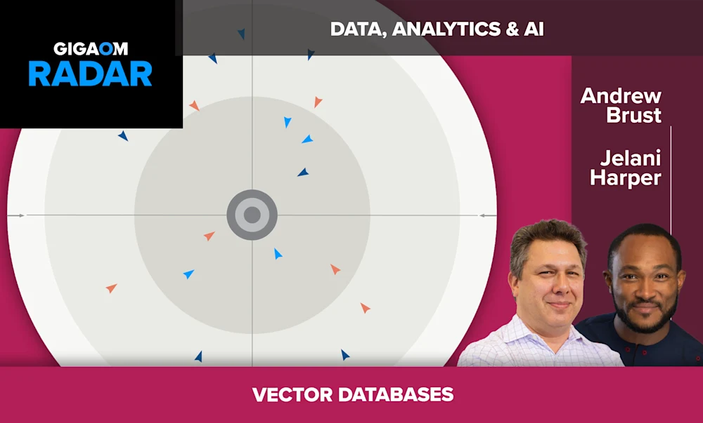 The image shows a radar chart with data points scattered around the center, representing some type of data analytics or AI concept. The title "Data, Analytics & AI" is displayed at the top right.
Below the radar chart are headshots of two smiling men, one with short brown hair wearing a collared shirt, and the other with darker skin and facial hair. Their names, Andrew Brust and Jelani Harper, are listed to the right of their photos under the heading "Vector Databases".
The overall image has a technology and data analysis theme, with the "Gigaom Radar" logo in the top left corner suggesting it may be from a technology research or consulting firm's report or presentation on vector databases and their applications in data analytics and artificial intelligence.