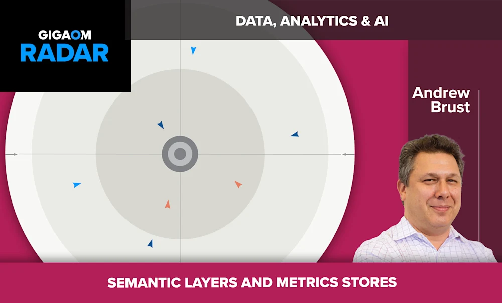 The image shows a radar chart titled "Data, Analytics & AI" next to a photo of a smiling man. The radar chart has several unlabeled axes radiating out from the center, with data points plotted on each axis forming an asymmetrical polygon shape.

Below the radar chart and photo, there is a heading that reads "SEMANTIC LAYERS AND METRICS STORES". The photo shows a middle-aged man with short dark hair wearing a patterned dress shirt. He has a friendly expression.

The overall image appears to be a slide or graphic from a presentation about data analytics and AI topics, featuring the presenter's photo and some visual aids to convey the technical concepts being discussed.