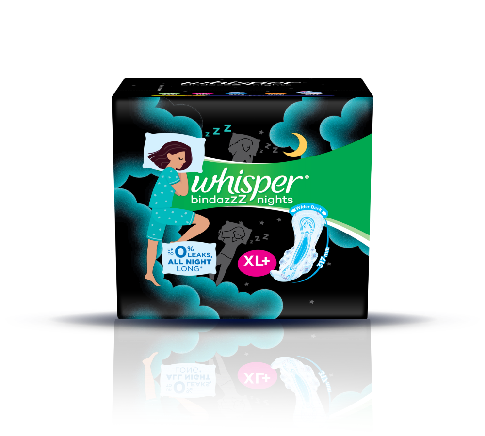 Whisper Bindazzz Night Sanitary Pads, Pack of 30 thin Pads, XL+, upto 0%  Leaks, 40% Longer & Wider back, Dry top sheet, Long lasting coverage, Faster  absorption, 31.7 cm Long